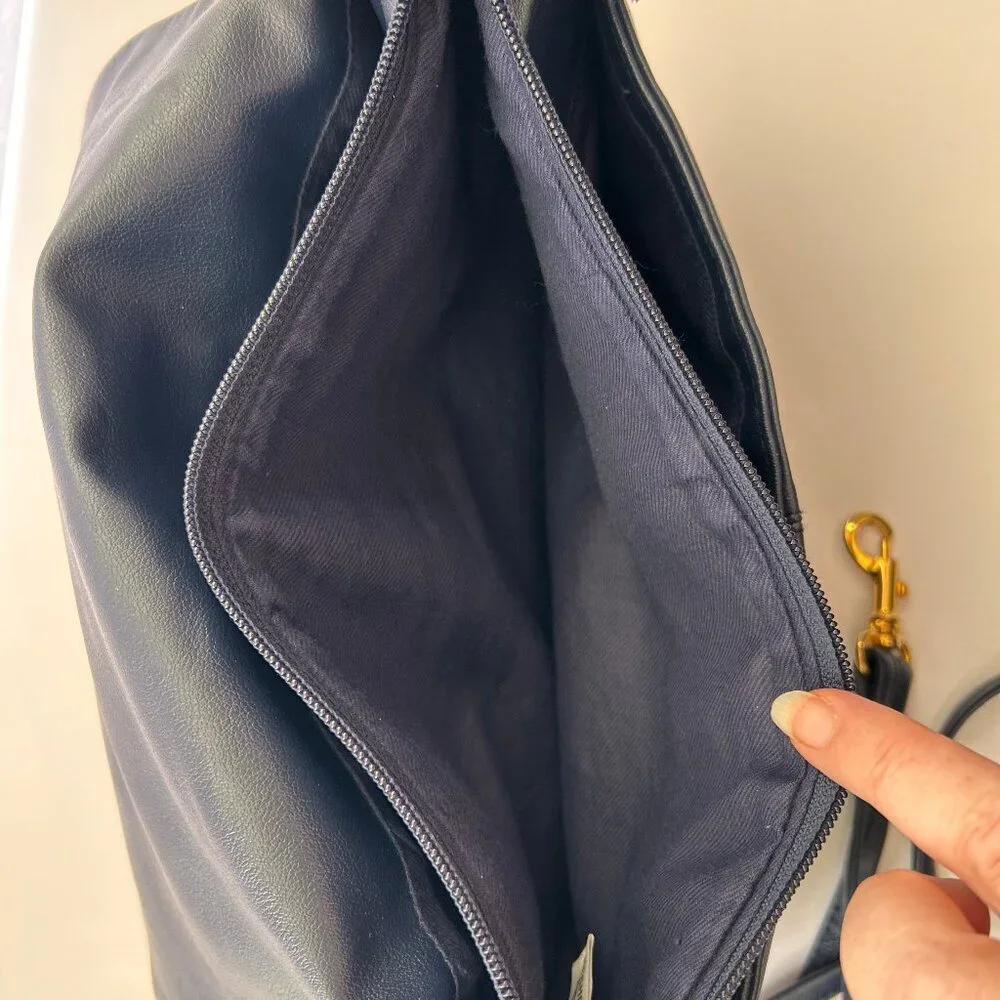 Vintage 90s Slouchy Navy Crossbody Bag with Flap and Gold Hardware